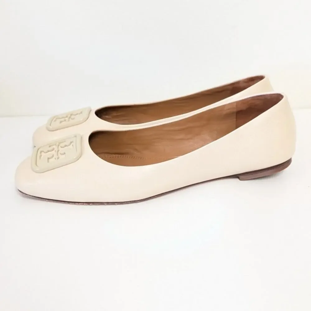 Tory Burch Georgia Ballet Flat Womens 9C Cream Leather Logo Square Toe